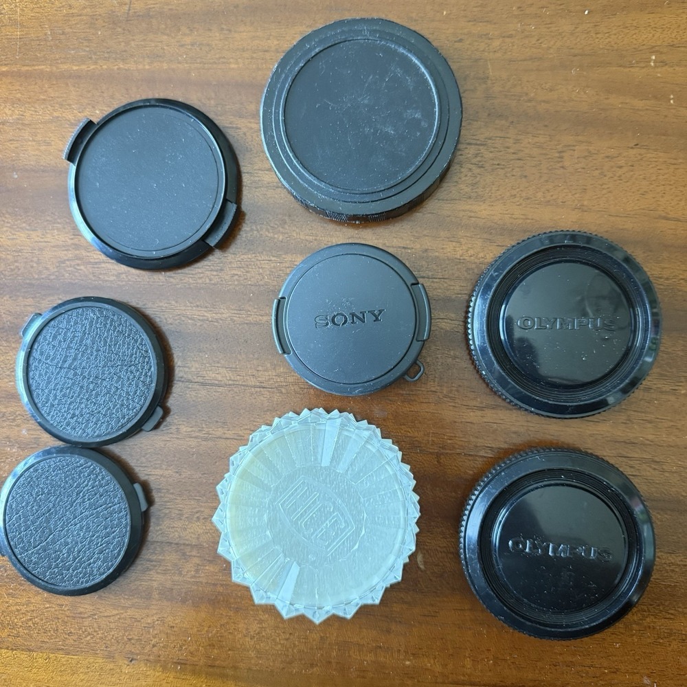 Vintage Camera Lens Cap & Accessory Lot 8pc Olympus Sony Tiffen 49mm 55mm 61mm